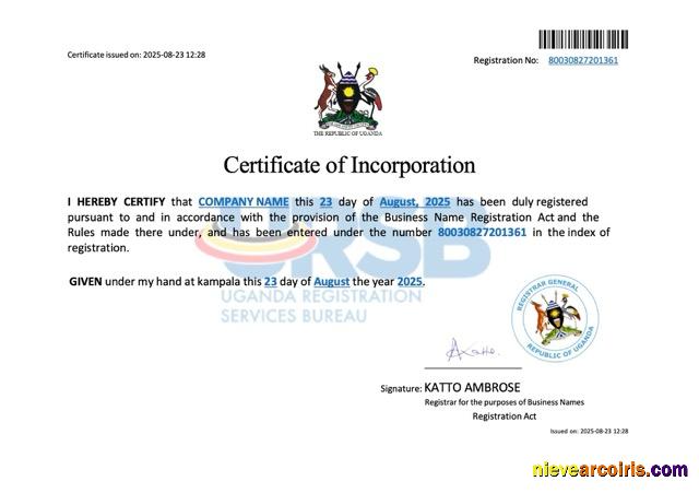 Uganda company incorporation certificate